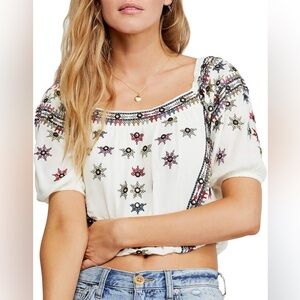 Free People Aurora Embroidered Blouson Peasant Top XS